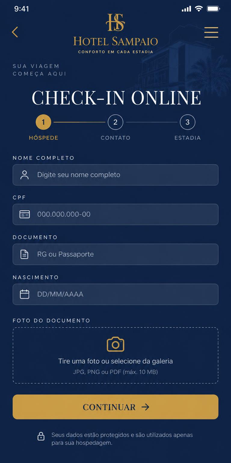 Check-in online no aplicativo Hotel Sampaio